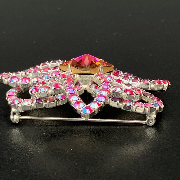 Fuchsia Pink Aurora Borealis Ravioli Rhinestone Flower Brooch - Picture 8 of 12